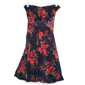 Vintage Y2K Floral Black and Red Strapless Dress American Rag Mini Puffy Romance